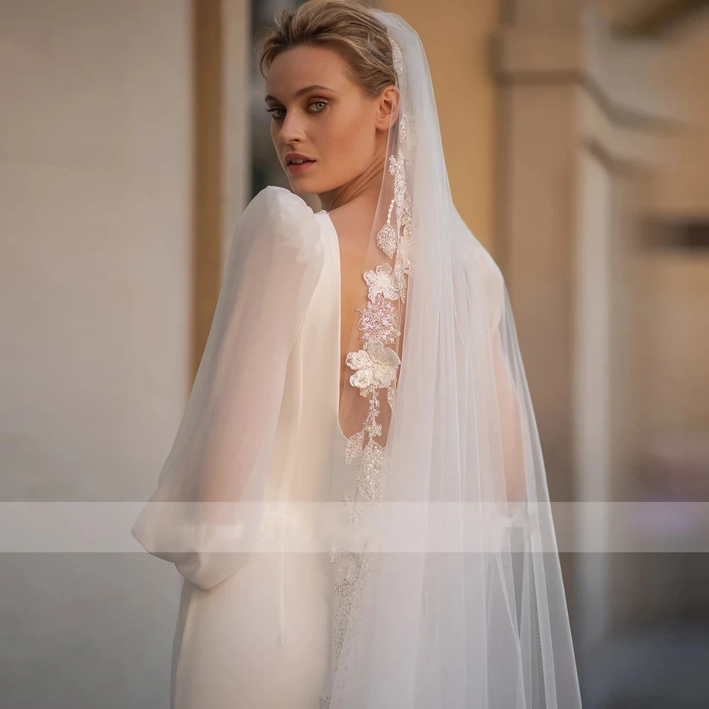 Glamorous Wedding Dresses V-Neck Backless Bridal Robes Long Puff Sleeves Gowns For Formal Party Vestidos De Novia Customized 4