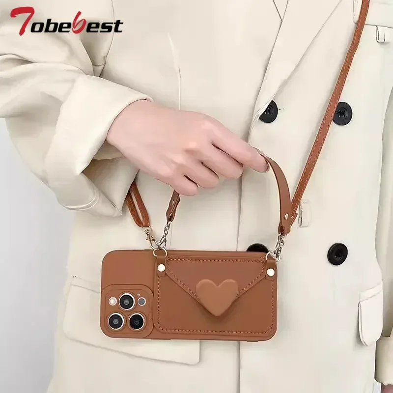 Elegant Love Leather Card Case with Crossbody Lanyard and Hand Strap