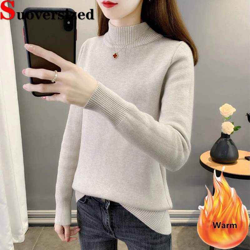 

Plus Velvet Mock Neck Women's Winter Sweater Korean Casual Knitwear Solid Long Sleeve Tops Warm Thicken Bottomed Pullover