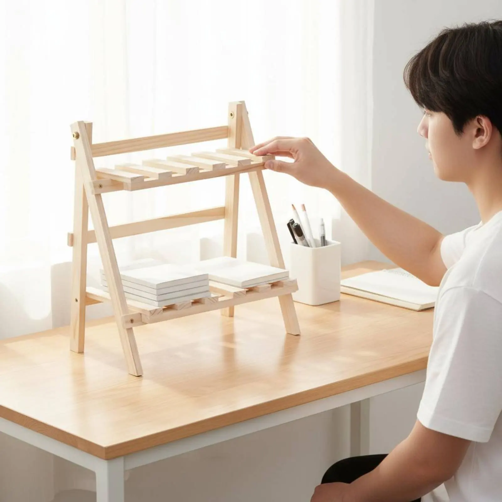 2단 원목 책상 선반, 견고한 원목 2단 선반, 조리대 수납 랙, 공간 절약형 데스크탑 화분 받침대 (기숙사용)