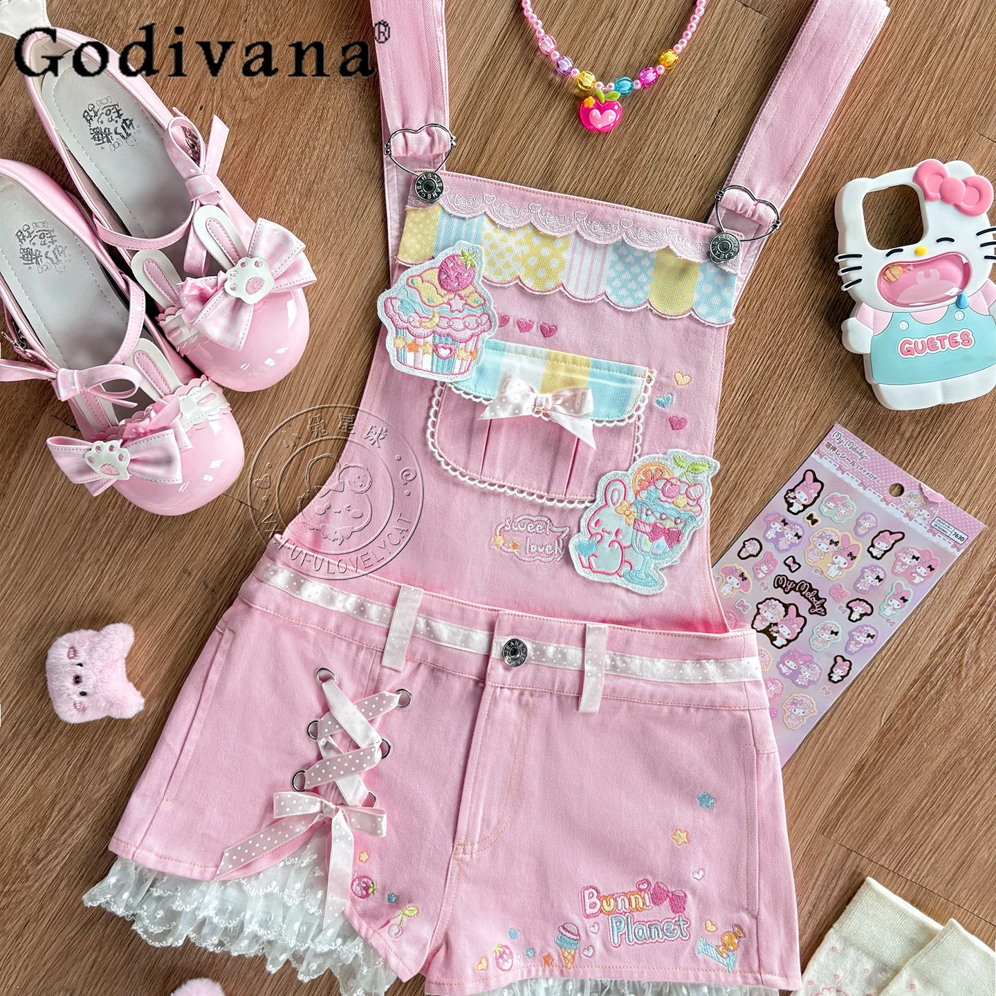 Japanese Soft Girls Kawaii Pink Strap Shorts Detachable Summer New Girl's Cute Bow Lace Embroidery Shorts Daughter's Clothing