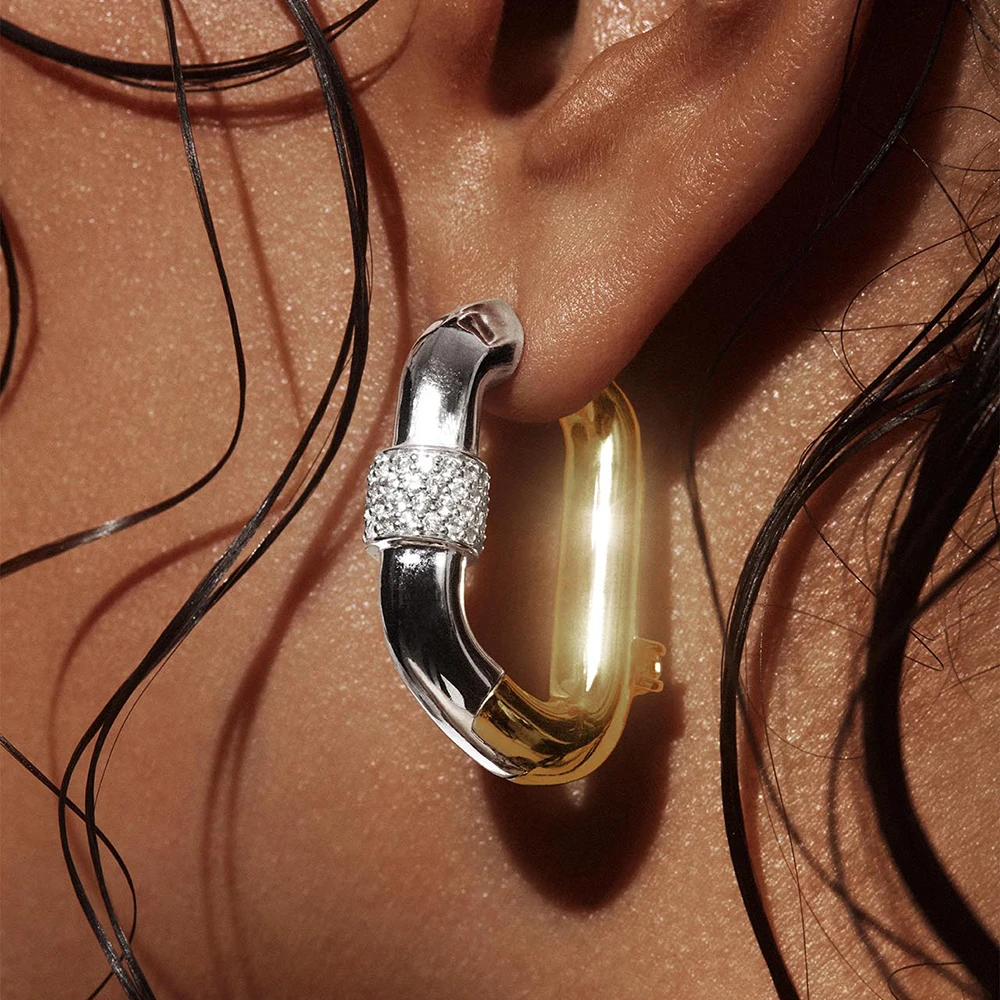 Stainless Steel Mix Color PVD Chunky Round Tube U-Shaped Hoop Earrings Waterproof Sparkling CZ Zircon Ear Huggie Vintage Jewelry