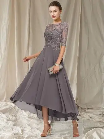 

Elegant A-Line Mother of the Bride Dress Jewel Neck Asymmetrical Ankle Length Chiffon Lace Half Sleeve with Pleats Appliques