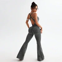 Women Leopard Sports Jumpsuits Flared Bodycon Tracksuits Crossover Bandage Yoga Workout Fitness Gym Training Athletic Tights - Image 3