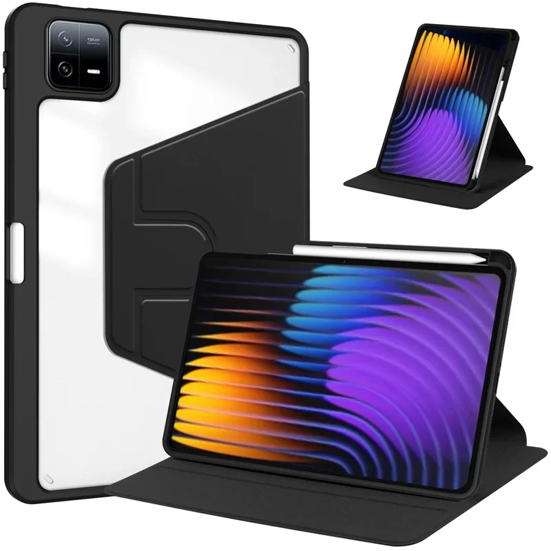 Sleek Acrylic Stand Case with Pencil Holder and 360° Rotation