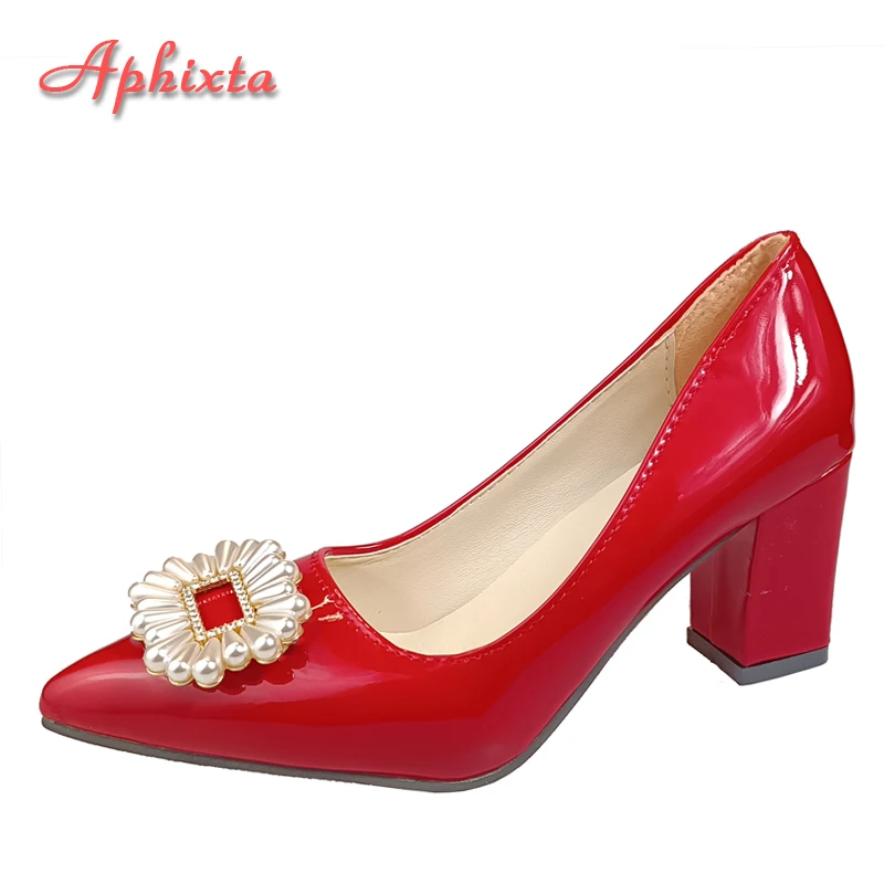 Aphixta 2025 Luxury Pearl Crystals Buckle Baby Pink Pumps Women Shoes Chunky Heel Parent-child Students Big Size 35-53