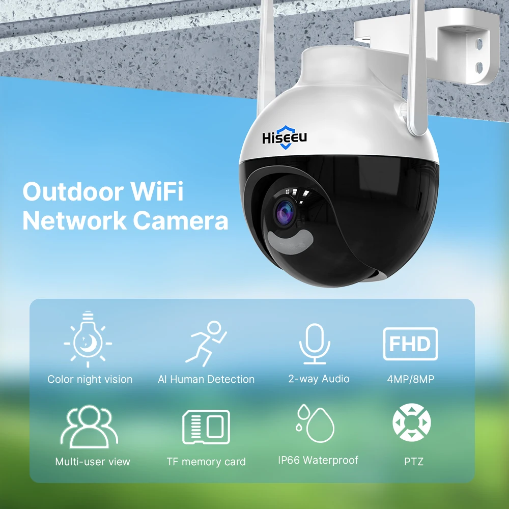 Hiseeu-Câmera de Vigilância Externa Sem Fio, AI Human Detect, ONVIF, CCTV Security Protection, Câmera PTZ, WiFi IP, 4K, 8MP, 5X Zoom