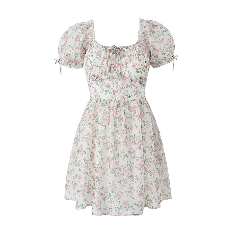 

Summer Women Vintage Puff Sleeve Square Neck Floral Print Dress Mini Robe