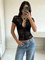 Weird Puss Metal T-shirt femme sexy à col roulé, manches courtes, jacquard transparent, style chic sauvage, tendance streetwear et clubwear 2