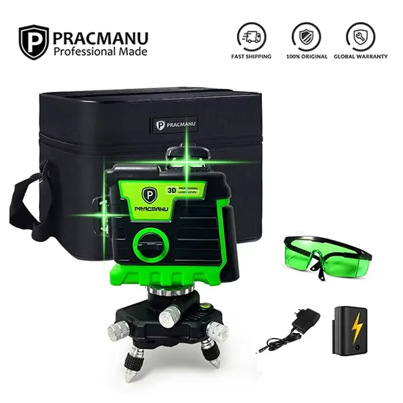 Laser Level Pracmanu Laser Level 12 Lines 3D Laser Level Self-Leveling Horizontal and Vertical Cross Super Powerful Green Beams