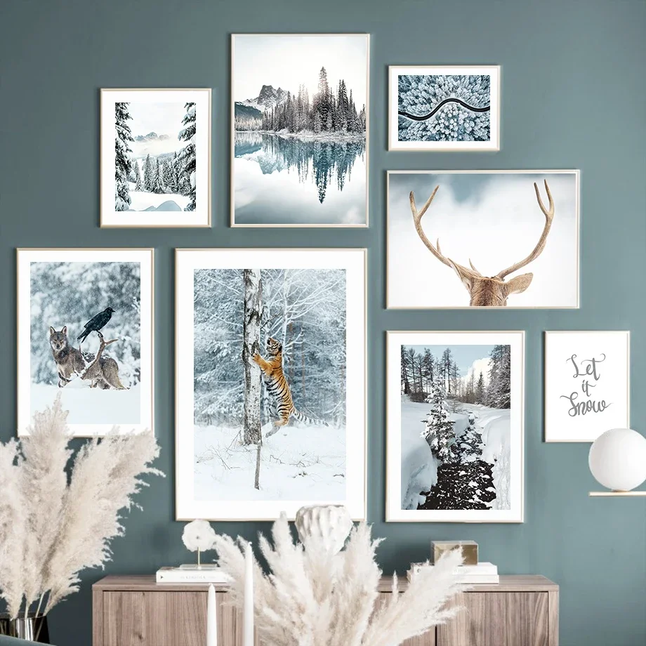 Wall Art Canvas Painting White Mountain Snow Forest Tiger Wolf Deer Lake Nordic Poster E Stampe Immagini A Parete Per Soggiorno