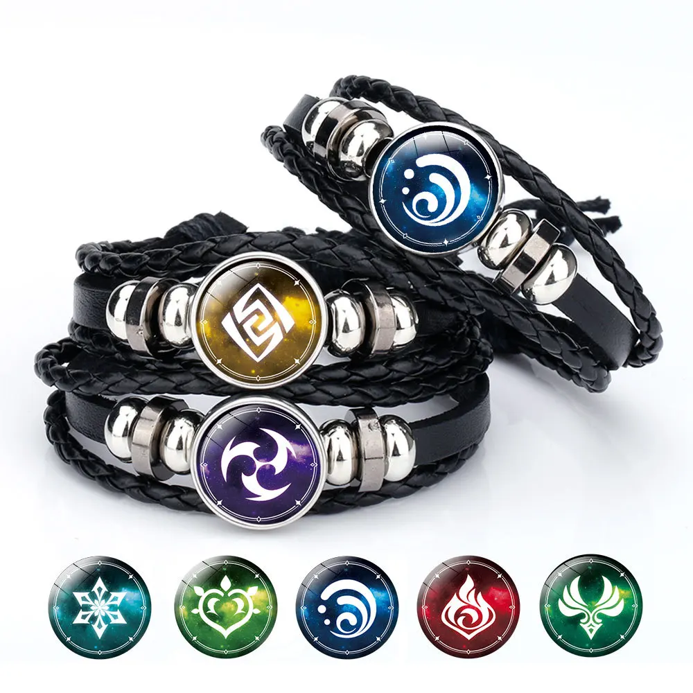 

Genshin Impact Element Luminous Bracelet Genshin Bracelet God Eye Glow In Dark Black Leather Bracelet Men Women Jewelry