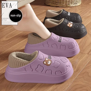 Cute Bear Waterproof Cotton Slippers for Women Warm Lightweight Anti Slip Slides Comfortable Outdoor Indoor Home Couple Shoes 1