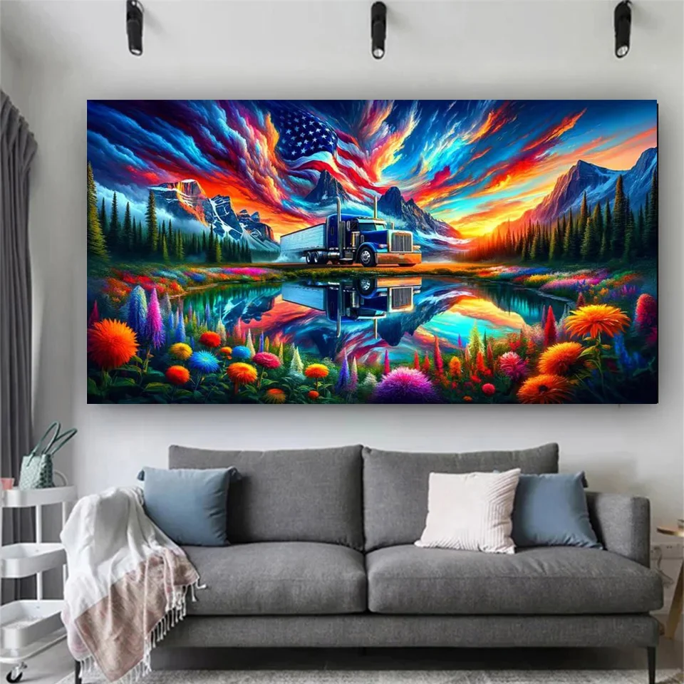 

Алмазная мозаика с изображением заката, гор, озера, грузовика