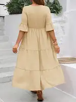 2024 Spring and Summer New Large V-neck Splicing Multi color Multi plus size Long Style Large Swing Dress - Image 4