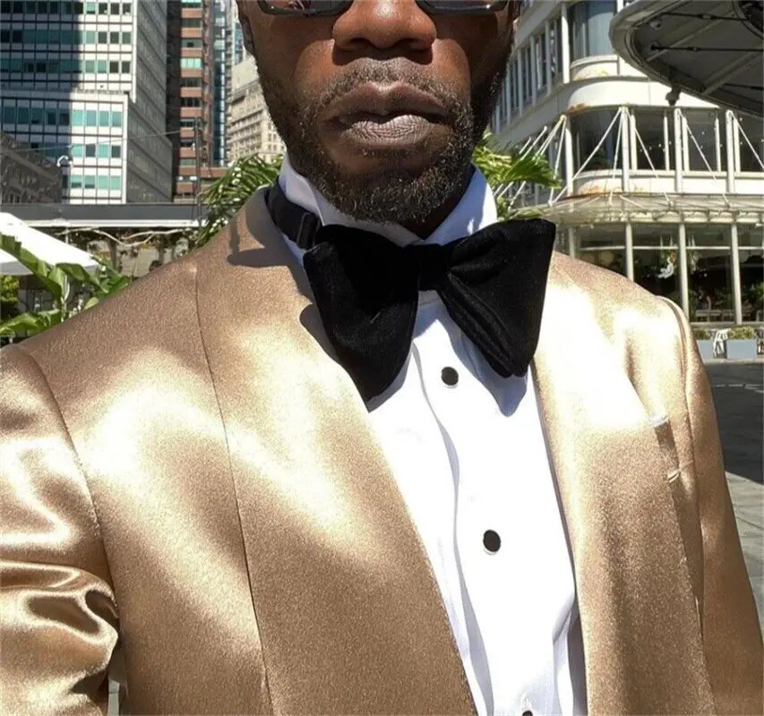 Gold Satin Men Suits Blazer and Pants Groom Prom Party Wedding Tuxedos 2 Pieces Codtume Homme Mariage