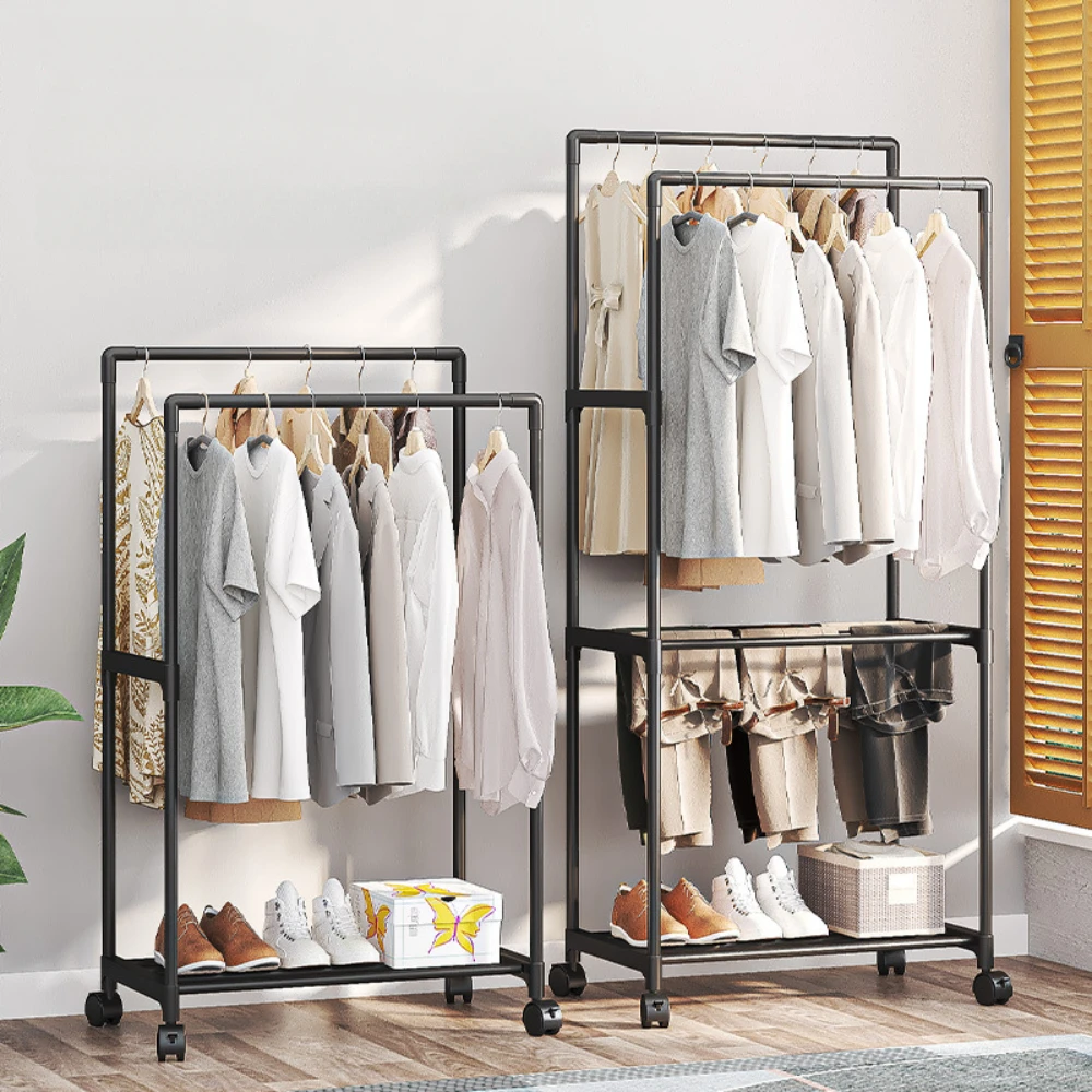 Storage Clothes Rack Double Pole Standing Wheels Hall Furniture Easy To Install Coat Rack With Shelves Bedroom Storage Shelves clothes rack