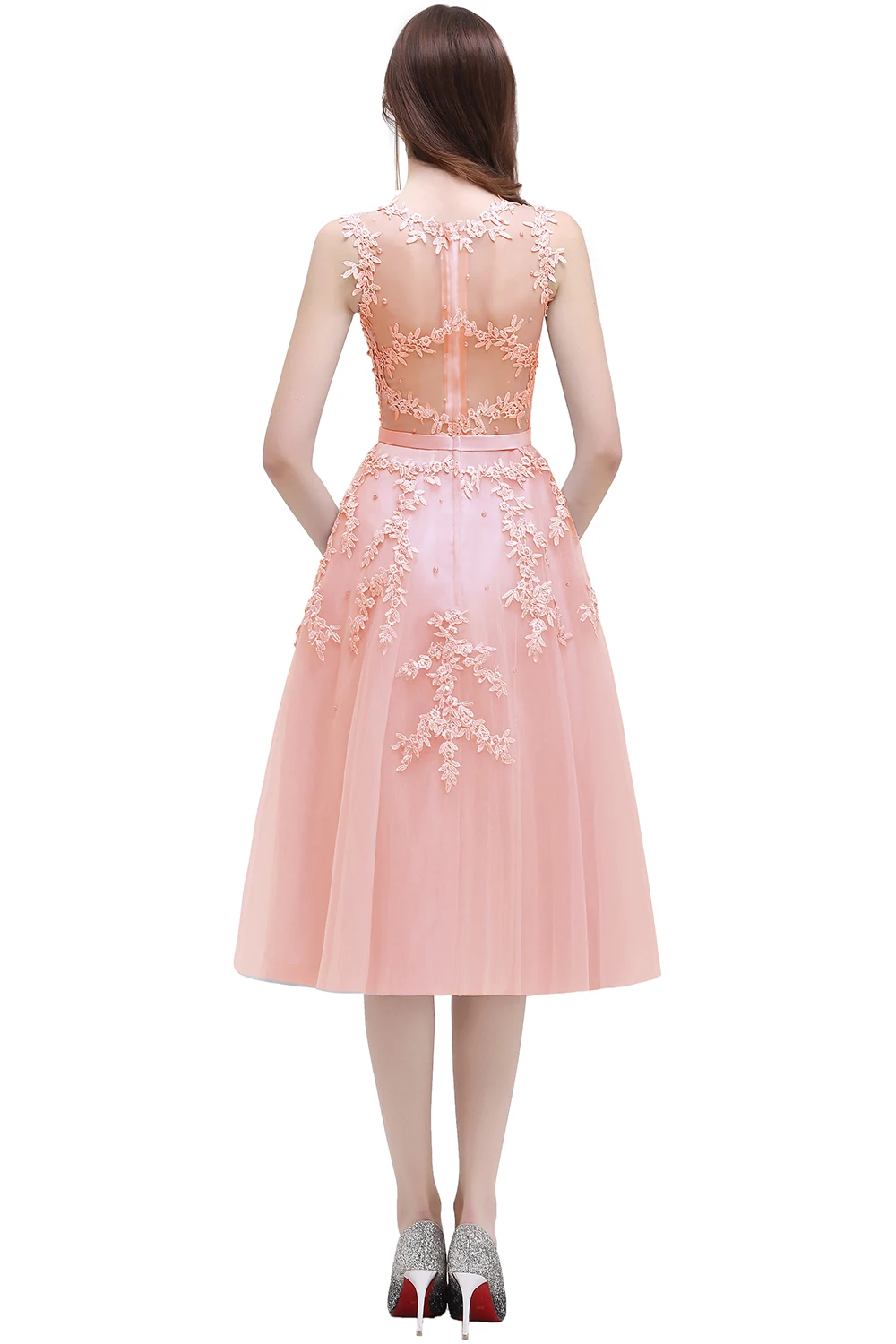 FATAPAESE Dust Pink Cocktail Knee-Length Lace Appliques Top Flower and Pearls Short Prom Dress Party Dresses Sexy Tulle Gown