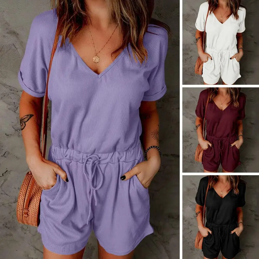 

2023 Summer Bat Sleeve V Neck Jumpsuit Short Sleeve Wide Leg Pockets Women Jumpsuit Drawstring Waist Mid-rise Shorts Playsuit