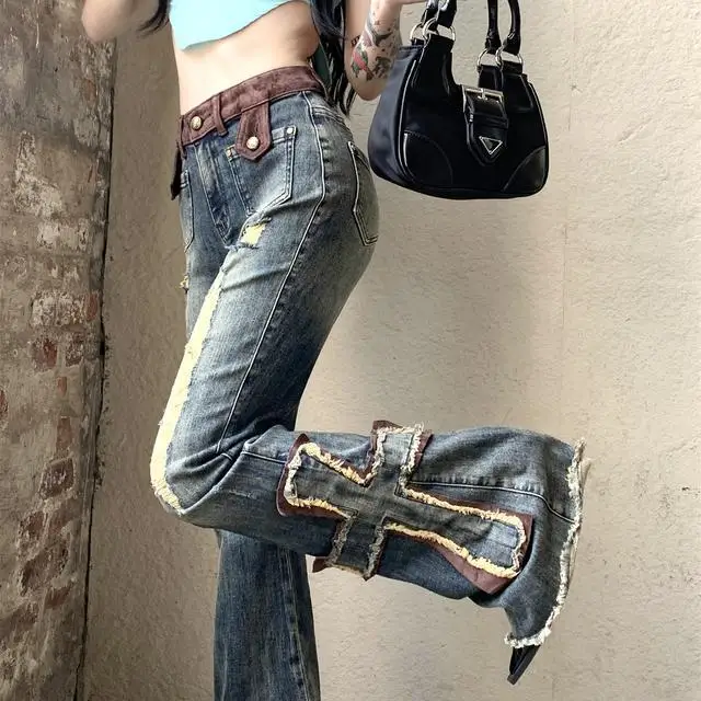 2024 New Model Cross Patchwork Low Waist Elasticity Pants For Women Destroyed High Rise Slim Trousers Flare Jeans Retro Korean
