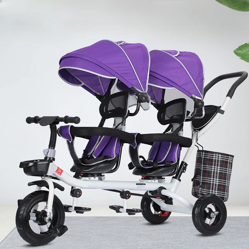 Children's Double Stroller Multifunctional Two-way Baby Stroller Twins Double Folding Three-wheel Car
