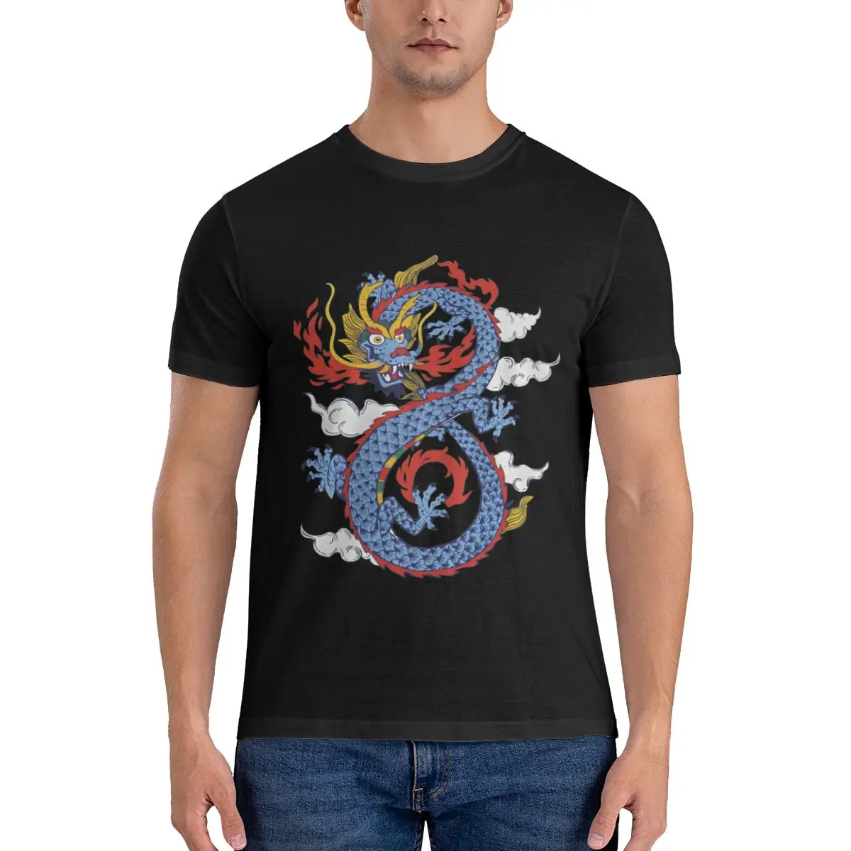 

Vintage Blue Fire Breathing T-Shirts Men Crewneck Cotton T Shirt Dragon Short Sleeve Tee Shirt Graphic Printed Clothes