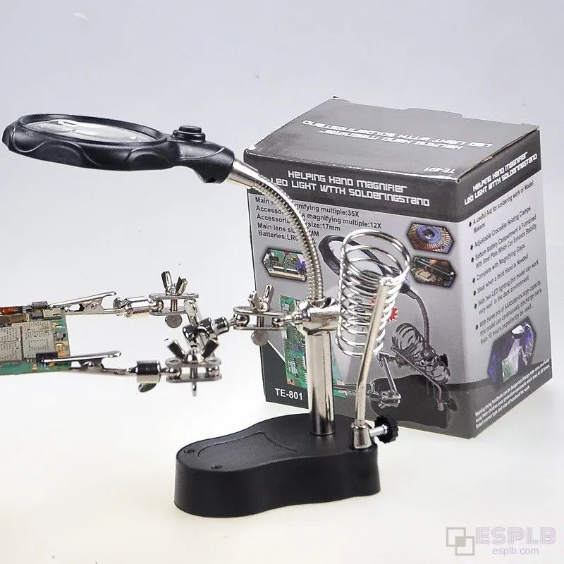 ESPLB 3.5X 12X Helping Hands Third Hand Soldering Iron Welding Stand Station with 2 LED Clip Welding Magnifier Magnifying Glass soldering station soldering tool soldering iron stand soldering helping hands welding tool