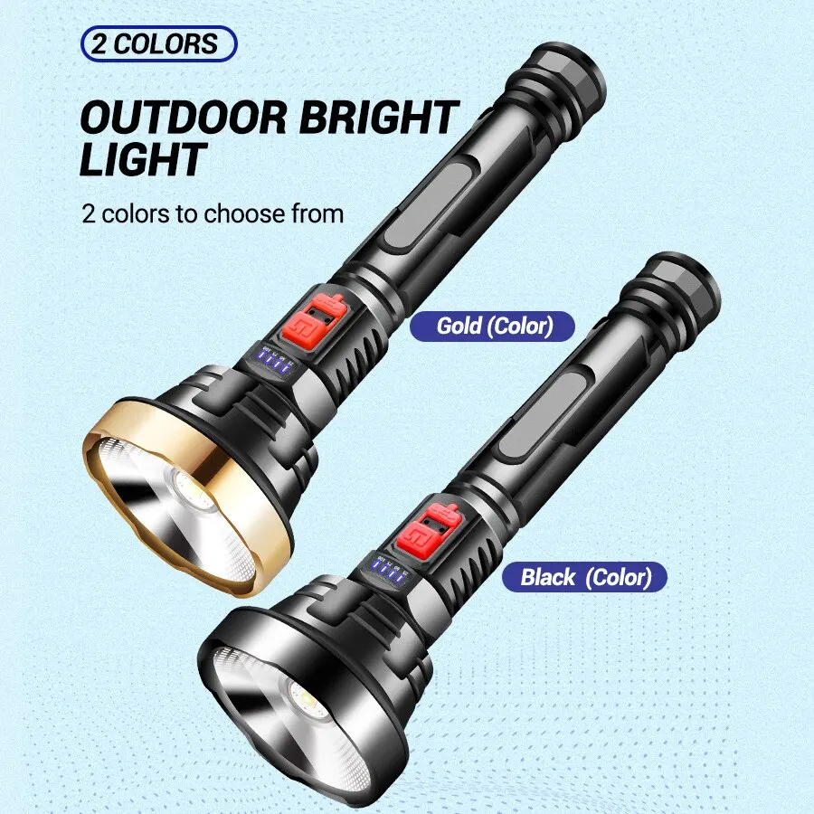 크고 강한 LED 손전등, USB 충전식 전술 사냥 캠핑 랜턴, 내장 배터리 플래시 라이트, 전원 디스플레이