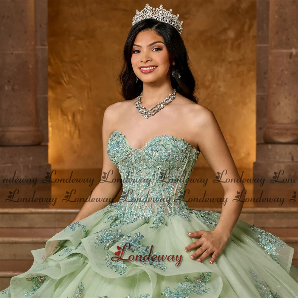 Londeway Modern Tulle Ball Gown Lace Appliques Ruffles Flare Sleeves Corset Floor Length Vestidos De 15 Quinceanera Customised