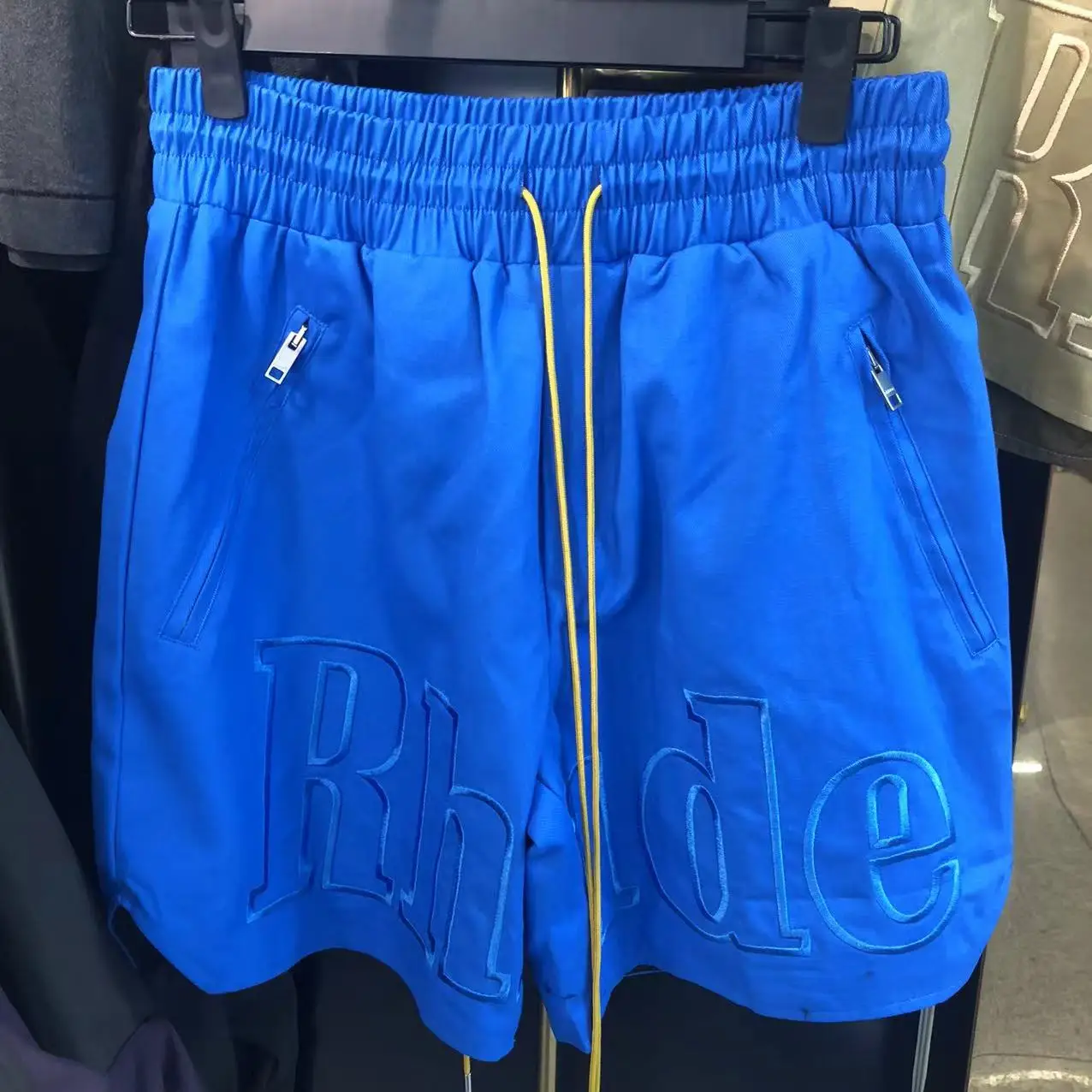 

Blue Vintage Embroidered Letter Logo Elastic Waist Drawstring Shorts Men Women Summer Style Shorts Breeches