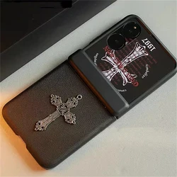 Luxury Trendy Metal Cross Leather Phone Case with Hinge Protection for Xiaomi Mix Flip (Black)