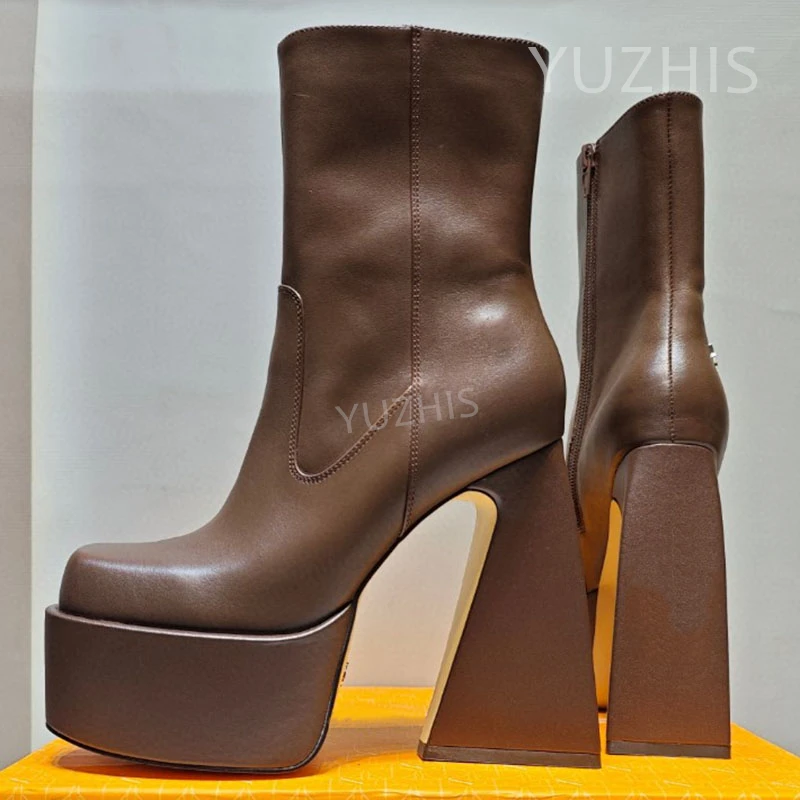 

Hot Fashion Classic Solid Color Women Ankle Boots Sexy Western Style Super High Heels Genuine Leather Platfrom Zipper Boots