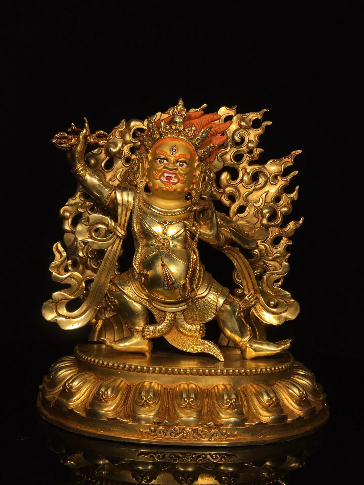 

12"Tibetan Temple Collection Old Bronze Gilded Painted Face Cinnabar Vajradhara Bodhisattva Buddha Worship Hall Town house