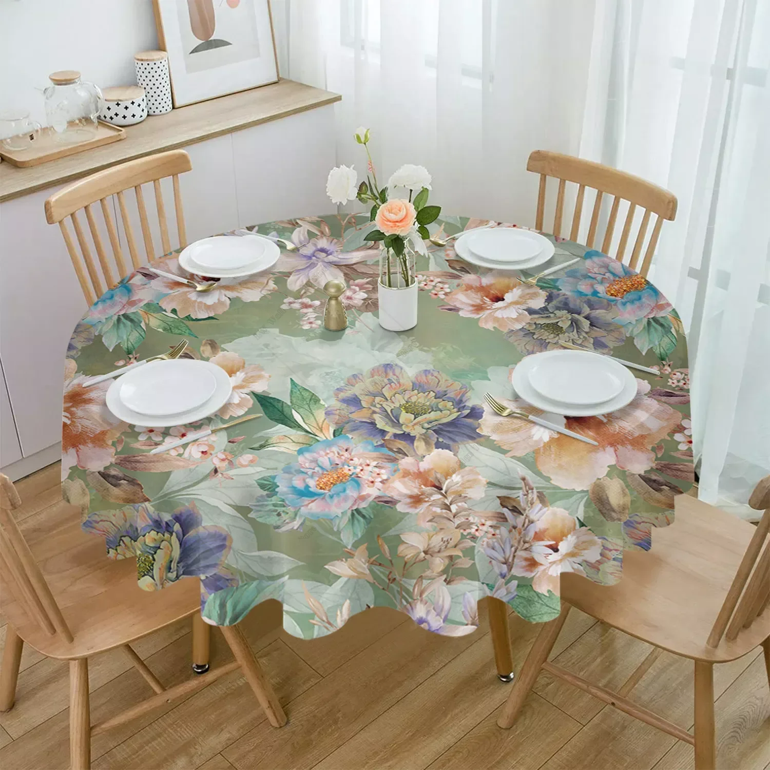 

Vintage Floral Overlay Flowers Foliage Waterproof Tablecloth Table Decoration Wedding Home Kitchen Dining Room Round Table Cover