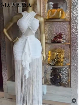 CM.YAYA Women Wraped Halter Neck Tassel Patchwork Stacked Midi Bodycon Maxi 2026 Spring Summer Holiday Party Trendy Long Dresses 1