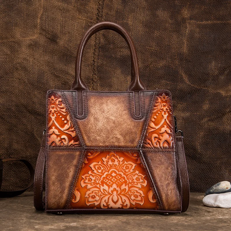 

Винтажная женская сумка-тоут из натуральной коровьей кожи с цветочным рисунком, новинка 2024, сумки через плечо в китайском стиле 3D