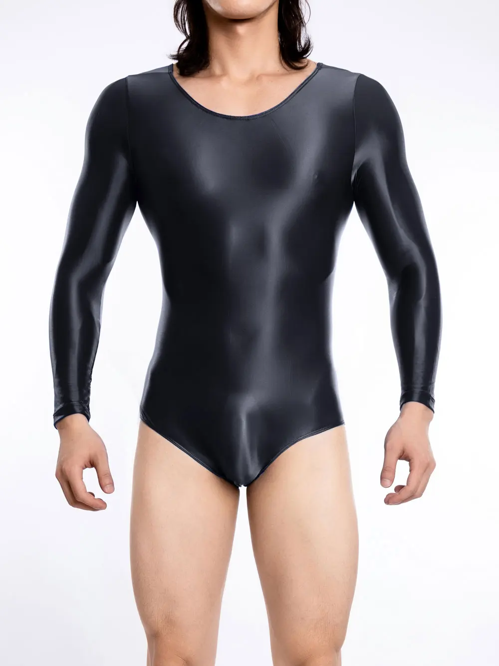 Sexy Satin Shiny Men's Bodysuit Sheer See Through U Bulge Pouch Thong YogaTights High Elastic Slip Long Sleeve Leotard Shapewear