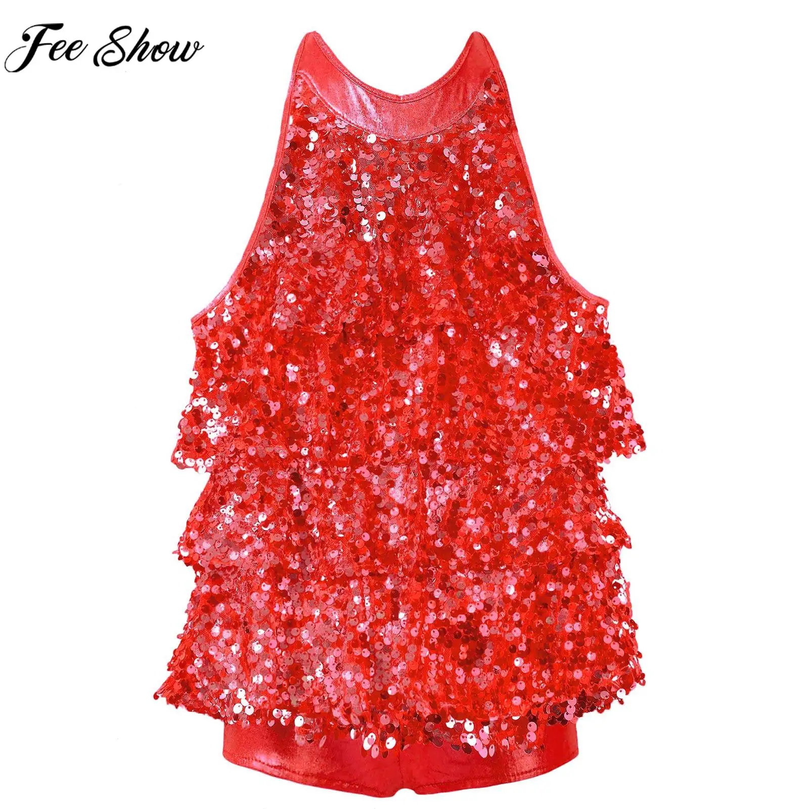 

Girls Shiny Sequin Ballet Jazz Dance Leotard Dress Halter Sleeveless Backless Modern Latin Dance Unitard Performance Dancewear