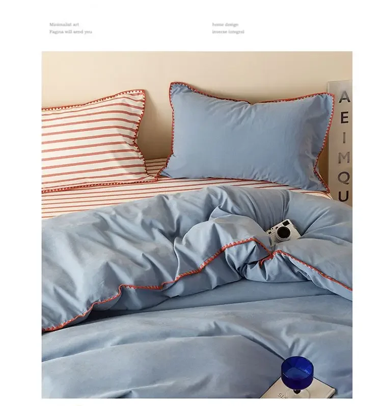 Description Picture 6 of itemStripe Color Collision Shell Bedding Set Embroidery Student Dormitory Solid Color Four Piece Set for all seasons