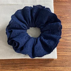 Elegant Navy Blue Embroidered Cotton Bow Scrunchie - Ballet Style Hair Accessory (Blue)