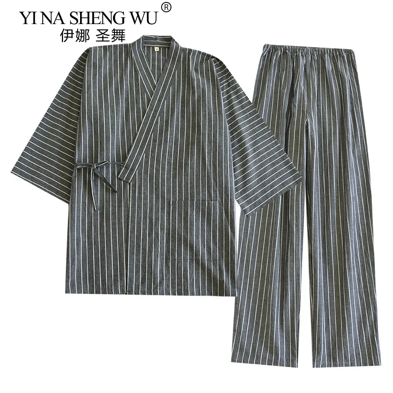 Men's Cotton Kimono Robes Pajamas Clothes Thin Spring and Autumn Streak Black Colors Home Clothes Loose Casual Men Robe Sets
