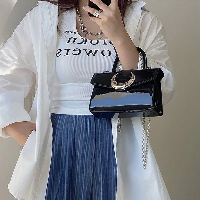 Hot Girl Solid Color Moon Lock Handbag Women Chain Patent Leather Shoulder Bag Ladies Sweet Cool Trendy Y2k Square Crossbody Bag
