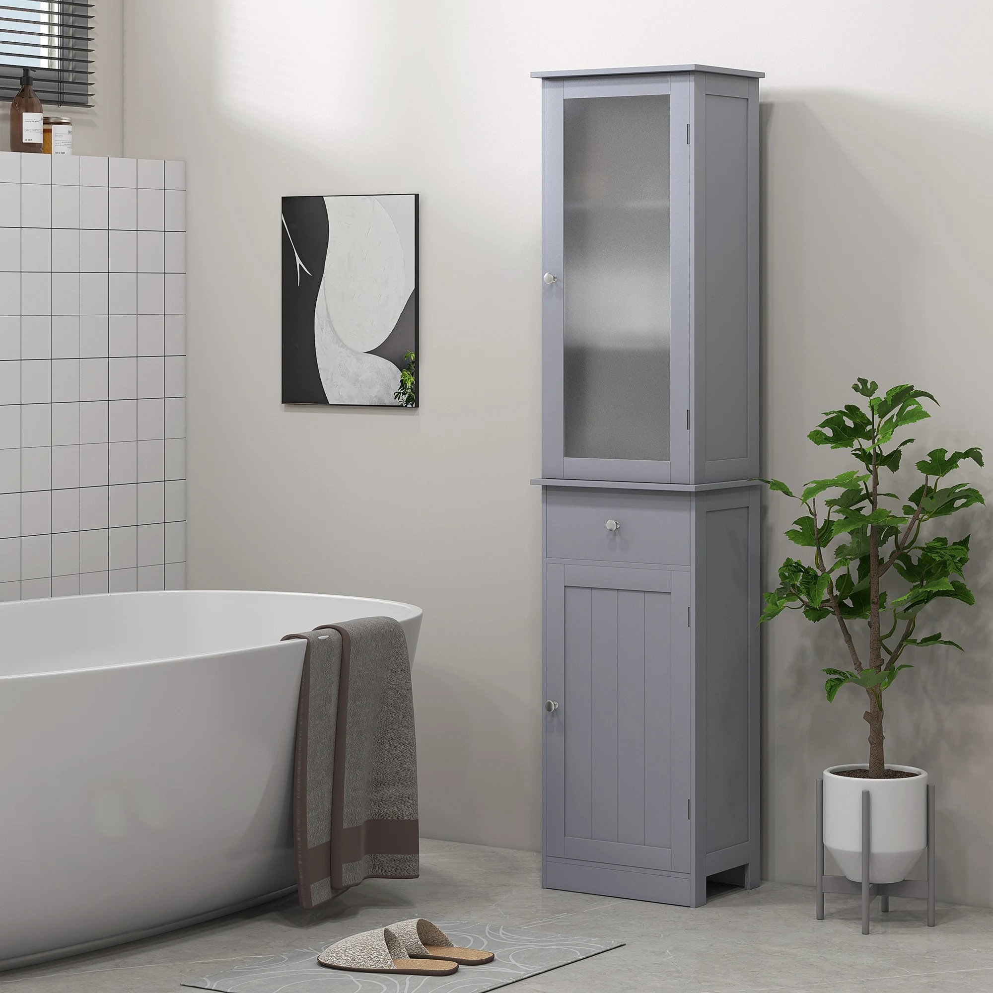 Kleankin Slim Bathroom Storage Cabinet, Tall Bathroom Cabinet, Narrow Linen Tower with Acrylic Door, Drawer and Shelves, Gray 2
