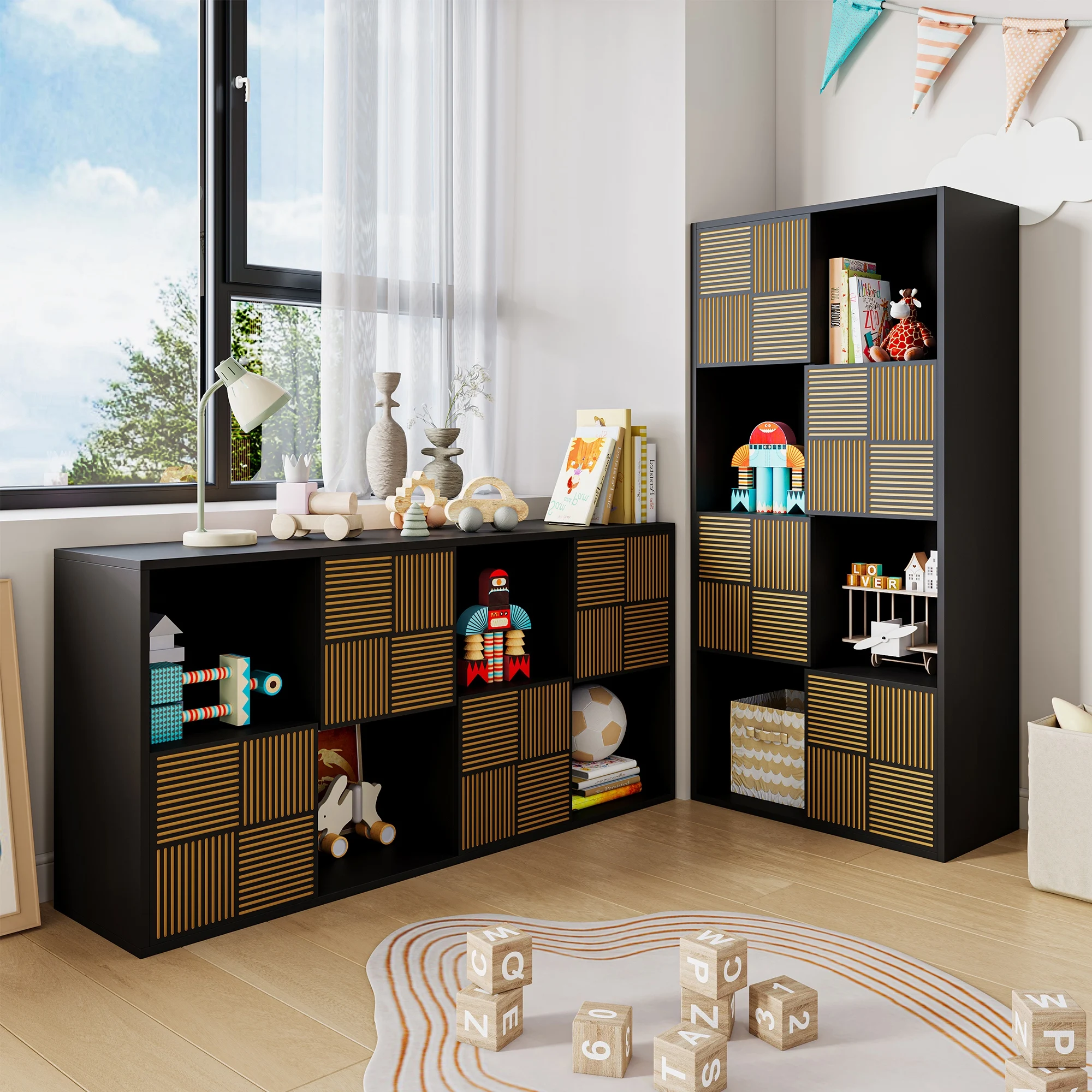 Rosahqnda Wohnzimmer-Vitrine, Kinder-Bücherregal mit 8 Aufbewahrungsboxen, 4-türig, Bücherregal aus Spanplatten, Raumdekoration – Detail 14