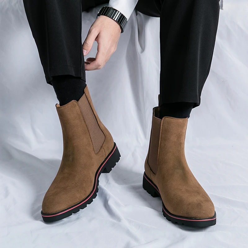 Men Vintage Fashion Chelsea Boots Reverse Fleece Leather One Step Pointed Business Men Walking Short Boots Size 38-46 Men Boots