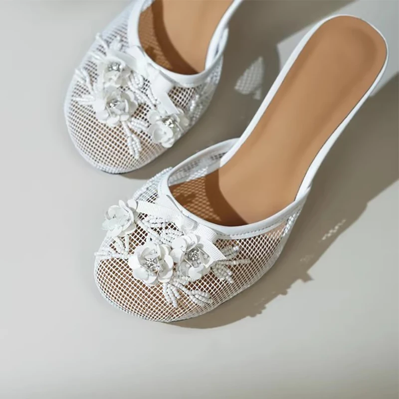 

White Mesh Women's Slippers Flower Rhinestone Round Toe Kitten Heel Sandals Summer New Pink Black Stilettos Outdoor Casual Shoes
