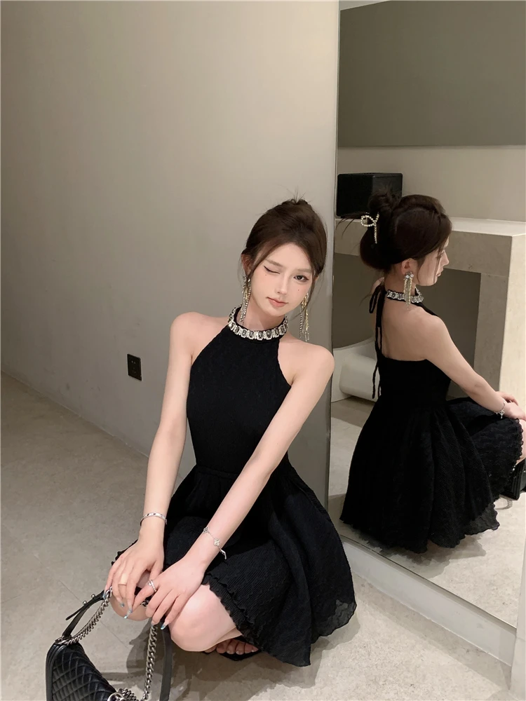 Elegant Halter Black Dresses for Women Summer New Backless Ruffles A-line Korean Birthday Party Dress Prom Short Vestidos Mujer