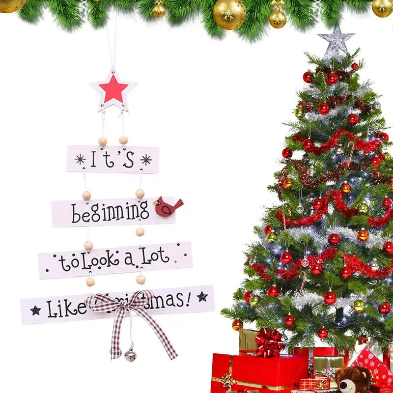 

Christmas Porch Sign Christmas tree-shaped pendants colorful letter pendants Decoration with Bow and Beads Hassle-Free Decor