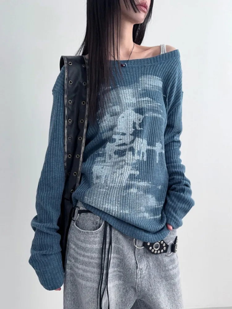 Autumn Harajuku Women Vintage Print Tees Streetwear Grunge Skew Collar Graphic Tshirt Y2k Aesthetic Casual Hiphop Grunge Top 4
