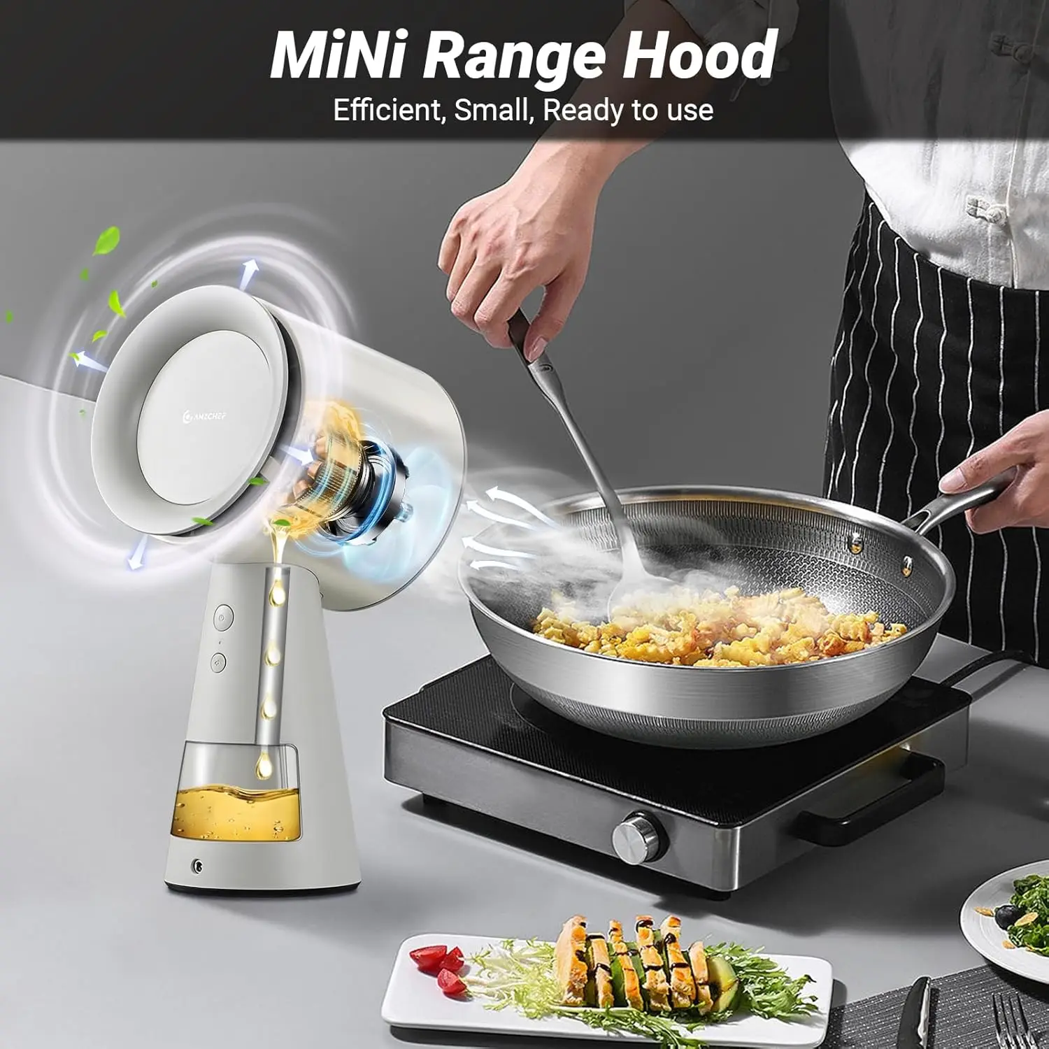 Portable Range Hood, Desktop Range Hood with 3 Speed Exhaust Fan,Low Noise Large Oil Collection Cup,Detachable Aluminum Filter